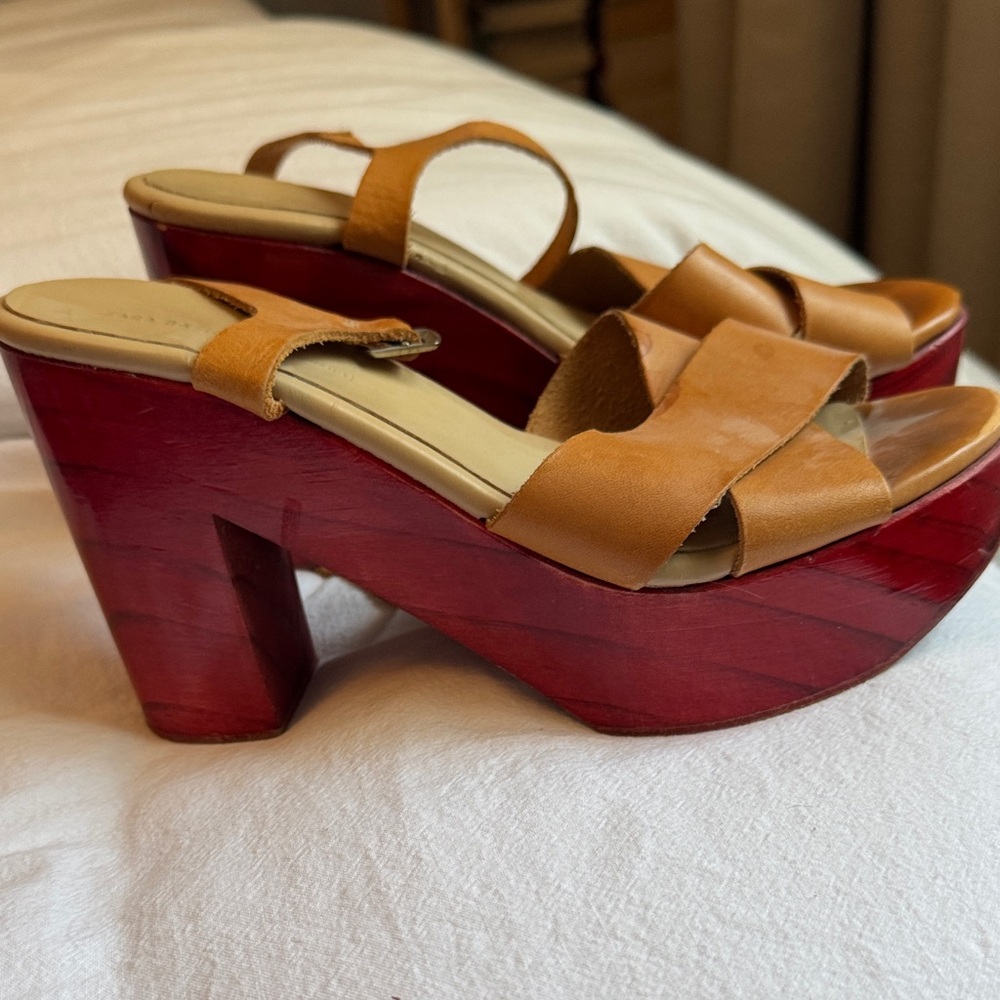 Zara Tan and Red Platform Sandals